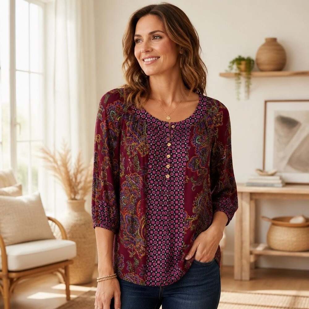 New Directions Women'sSize 1X Paisley Print 3/4 Sleeve Button-Front Blouse